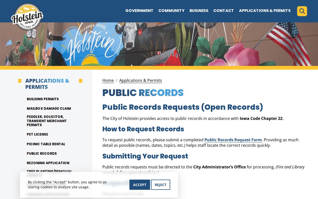 Holstein criminal records and Ida County city public records request page