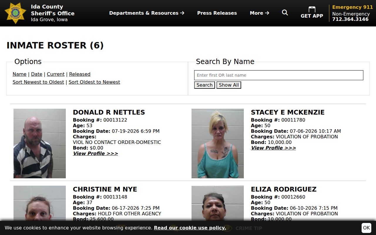 Ida County arrest history current inmate roster controls