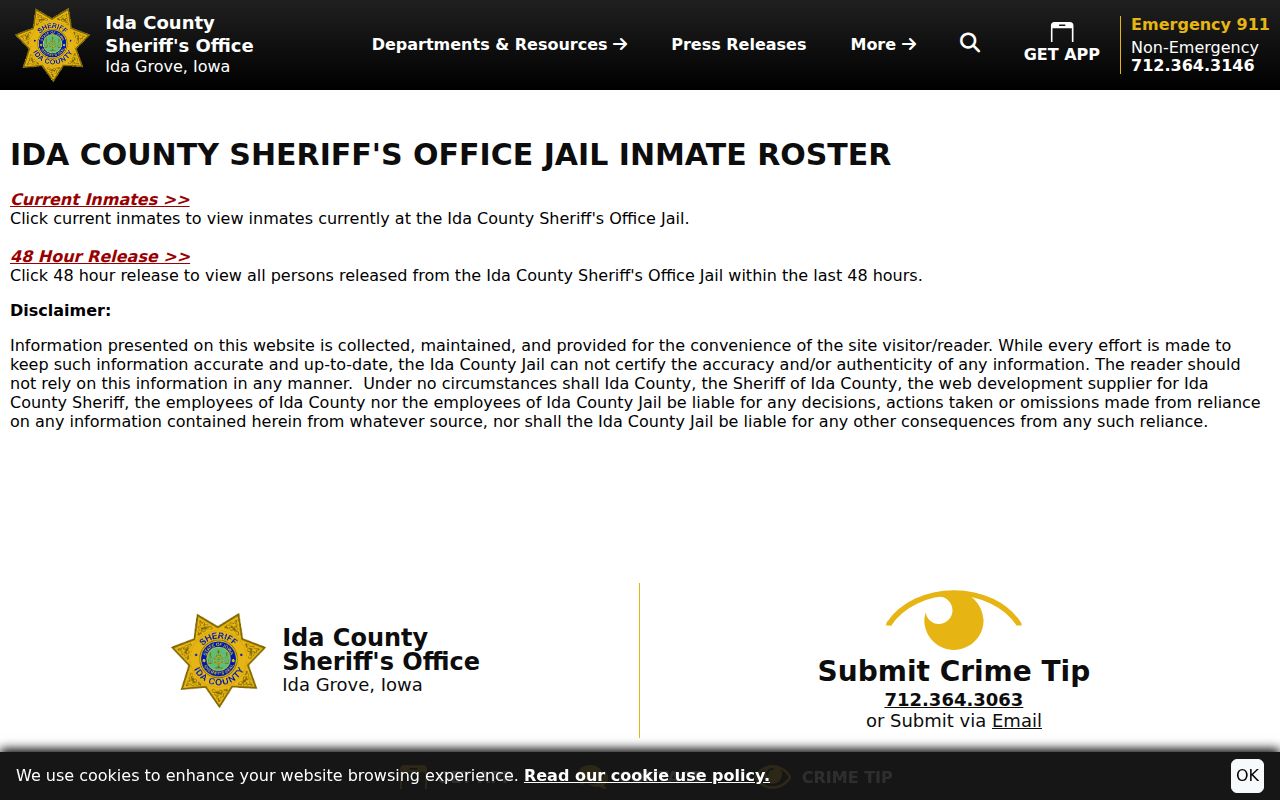 Ida County arrest history roster and release choices