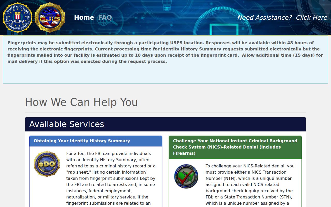FBI fingerprint history portal for an Ida County criminal record review