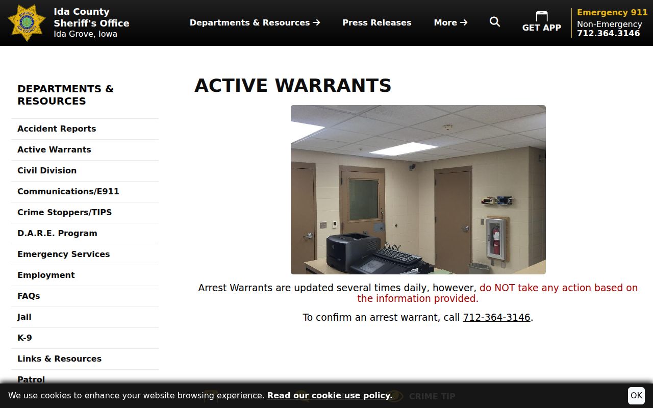 Official active warrant notice for Ida County criminal records